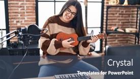  Presentation with ukulele - Theme featuring young-hispanic-woman-musician-playing background and a ocean colored foreground