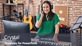  Presentation with piano keyboard - Presentation design enhanced with young-hispanic-woman-musician-playing background and a dark gray colored foreground