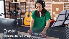  Presentation with piano keyboard - Presentation theme featuring young-hispanic-woman-musician-playing background and a tawny brown colored foreground