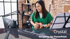  Presentation with ukulele - Presentation theme featuring young-hispanic-woman-musician-playing background and a ocean colored foreground