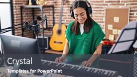  Presentation with piano keyboard - Presentation theme consisting of young-hispanic-woman-musician-playing background and a dark gray colored foreground