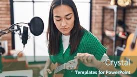  Presentation with ukulele - Slides featuring young-hispanic-woman-musician-playing background and a ocean colored foreground