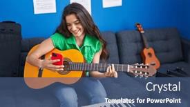  Presentation with classical music - PPT theme enhanced with young-hispanic-woman-musician-playing background and a ocean colored foreground