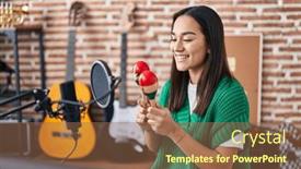  Presentation with music studio - PPT theme with young-hispanic-woman-musician-playing background and a tawny brown colored foreground