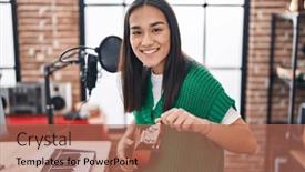  Presentation with ukulele - Presentation design consisting of young-hispanic-woman-musician-playing background and a coral colored foreground