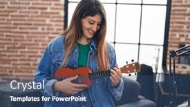  Presentation with ukulele - Presentation having young-hispanic-woman-musician-playing background and a ocean colored foreground