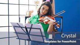  Presentation with music studio - Presentation consisting of young-hispanic-woman-musician-playing background and a ocean colored foreground