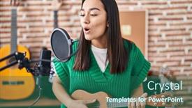  Presentation with music singing - PPT layouts with young-hispanic-woman-musician-singing background and a  colored foreground