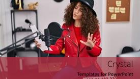  Presentation with sheet music - Presentation theme enhanced with young-hispanic-woman-musician-singing background and a red colored foreground
