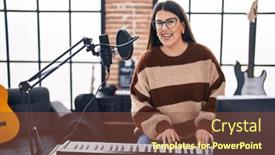 Presentation with piano keyboard - Presentation enhanced with young-hispanic-woman-musician-singing background and a tawny brown colored foreground