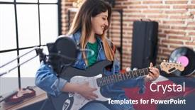  Presentation with electrical - Presentation design consisting of young-hispanic-woman-musician-singing background and a ocean colored foreground