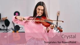  Presentation with violin sympfonic studio - Slide deck with young-hispanic-woman-musician-singing background and a coral colored foreground