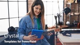  Presentation with ukulele - PPT theme featuring young-hispanic-woman-musician-using background and a ocean colored foreground