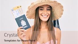  Presentation with city street - Presentation design with young-hispanic-woman-on-vacation background and a coral colored foreground