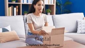  Presentation with tongue - Slide deck featuring young-hispanic-woman-opening-cardboard background and a  colored foreground