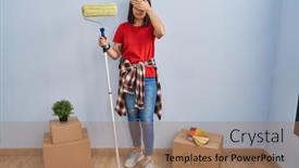  Presentation with sad woman - PPT theme featuring young-hispanic-woman-painting-home background and a coral colored foreground