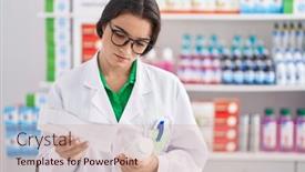  Presentation with pharmacy - PPT theme enhanced with young-hispanic-woman-pharmacist-holding background and a soft green colored foreground