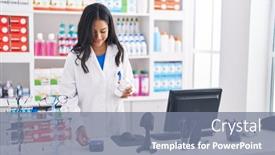  Presentation with credit card - Presentation design having young-hispanic-woman-pharmacist-holding background and a gray colored foreground
