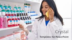  Presentation with pharmacy - Slides enhanced with young-hispanic-woman-pharmacist-holding background and a sky blue colored foreground