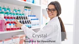  Presentation with confident young hispanic woman - Slide set having young-hispanic-woman-pharmacist-smiling background and a light gray colored foreground