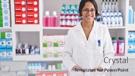  Presentation with confident young hispanic woman - Slide set enhanced with young-hispanic-woman-pharmacist-smiling background and a light gray colored foreground