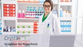  Presentation with confident young hispanic woman - Theme consisting of young-hispanic-woman-pharmacist-smiling background and a light gray colored foreground