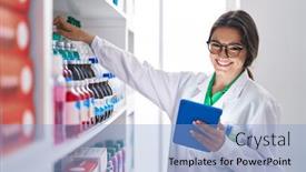  Presentation with pharmacy - Presentation theme consisting of young-hispanic-woman-pharmacist-using background and a light blue colored foreground