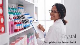  Presentation with pharmacy - Presentation with young-hispanic-woman-pharmacist-writing background and a light gray colored foreground