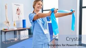  Presentation with rehab clinic - Theme enhanced with young-hispanic-woman-physiotherapist-stretching background and a light blue colored foreground
