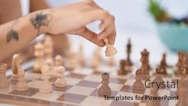  Presentation with chess - Presentation design with young-hispanic-woman-playing-chess background and a coral colored foreground