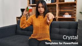  Presentation with confident young hispanic woman - Presentation enhanced with young-hispanic-woman-playing-colorful background and a dark gray colored foreground