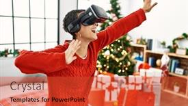  Presentation with video game - Slide set having young-hispanic-woman-playing-video background and a red colored foreground