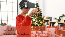  Presentation with video game - Presentation design featuring young-hispanic-woman-playing-video background and a red colored foreground