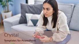  Presentation with video game - PPT theme consisting of young-hispanic-woman-playing-video background and a  colored foreground
