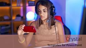  Presentation with video games playing - Presentation consisting of young-hispanic-woman-playing-video background and a coral colored foreground