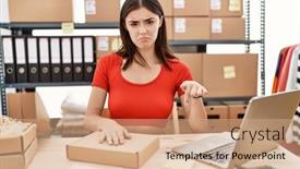  Presentation with sad woman - PPT layouts featuring young-hispanic-woman-preparing-order background and a coral colored foreground