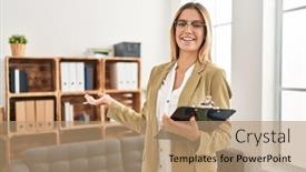  Presentation with confident young hispanic woman - Presentation theme with young-hispanic-woman-psychologist-smiling background and a coral colored foreground