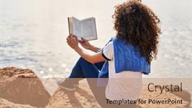  Presentation with book - PPT layouts with young-hispanic-woman-reading-book background and a coral colored foreground