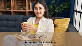  Presentation with coffee book - PPT layouts having young-hispanic-woman-reading-book background and a coral colored foreground