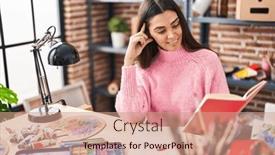  Presentation with reading - Slide set having young-hispanic-woman-reading-book background and a  colored foreground