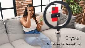  Presentation with recording - Presentation theme with young-hispanic-woman-recording-tutorial background and a light gray colored foreground