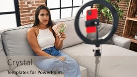  Presentation with attitude - Theme enhanced with young-hispanic-woman-recording-tutorial background and a light gray colored foreground