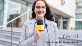  Presentation with working - Slide deck with young-hispanic-woman-reporter-working background and a light blue colored foreground
