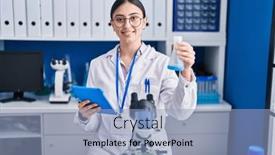  Presentation with test tube laboratory - Presentation theme with young-hispanic-woman-scientist-holding and a light blue colored foreground