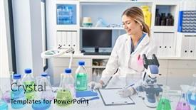  Presentation with measuring - Slides enhanced with young-hispanic-woman-scientist-measuring background and a light blue colored foreground