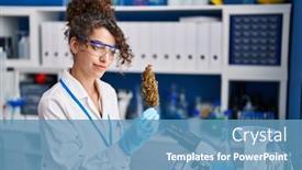  Presentation with young plant - Slide deck consisting of young-hispanic-woman-scientist-smiling background and a teal colored foreground