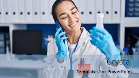  Presentation with test tube laboratory - PPT theme having young-hispanic-woman-scientist-talking background and a light blue colored foreground