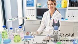  Presentation with report writing social mediaa - Presentation design enhanced with young-hispanic-woman-scientist-weighing background and a soft green colored foreground