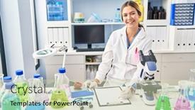  Presentation with report writing social mediaa - Presentation with young-hispanic-woman-scientist-weighing background and a soft green colored foreground