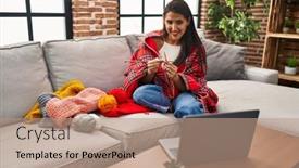  Presentation with sewing needle - PPT theme consisting of young-hispanic-woman-sewing-using background and a coral colored foreground